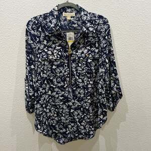 MICHAEL Michael Kors Navy and White Floral Half-Zip Roll-Tab Sleeve Blouse